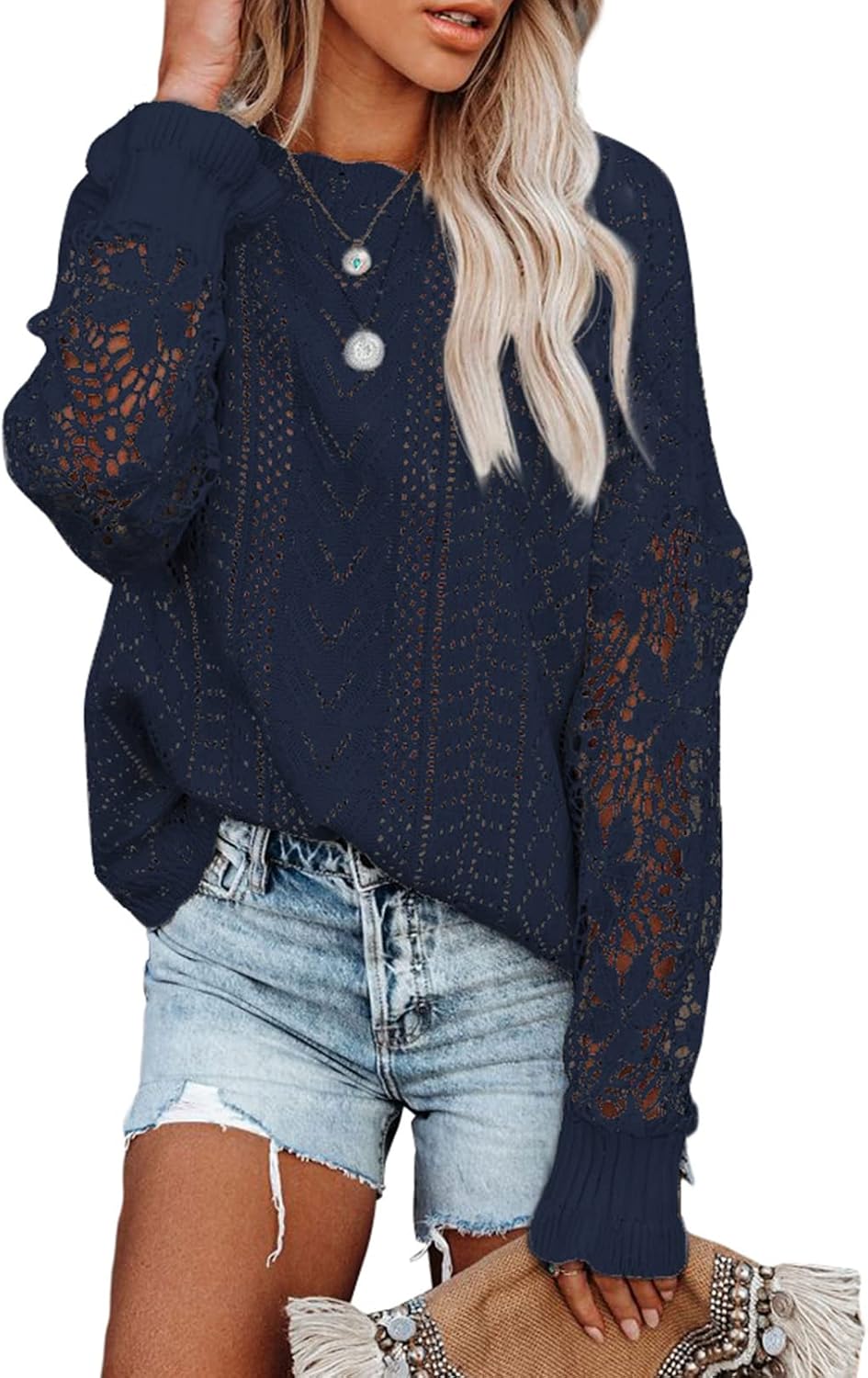 Womens Crewneck Crochet Lace Long Sleeve Hollow Out Cable Knit Sweaters Pullover Tops