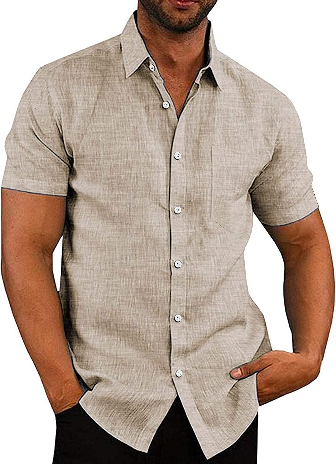 Men's Casual Button Down Shirts Short Sleeve Linen Shirts Summer Beach Dress Shirt