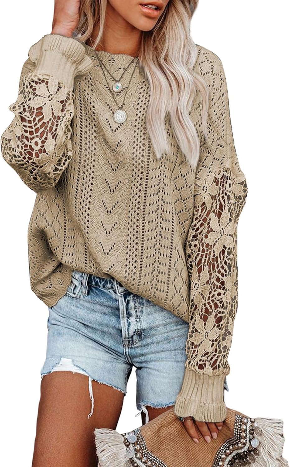 Womens Crewneck Crochet Lace Long Sleeve Hollow Out Cable Knit Sweaters Pullover Tops