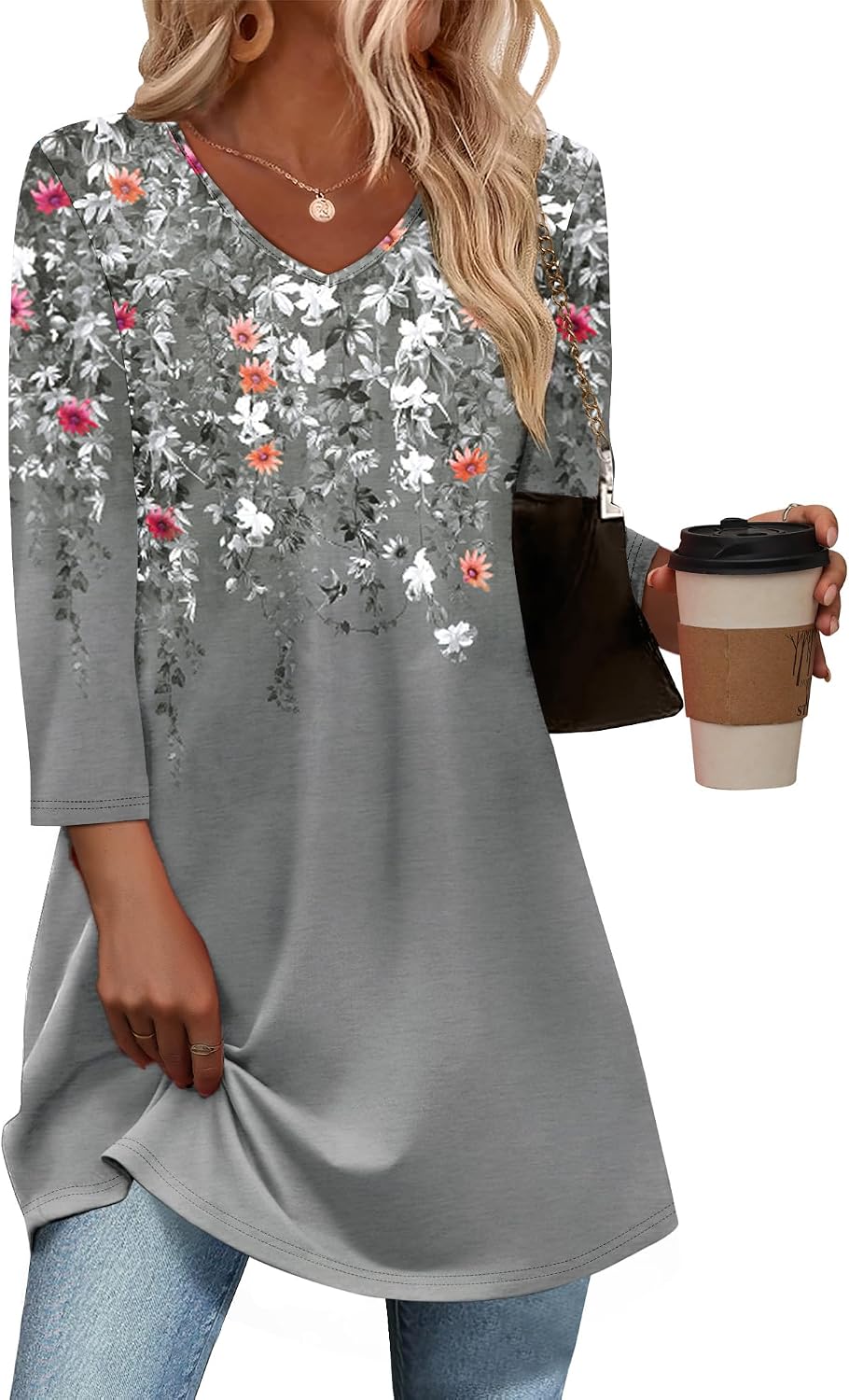 3/4 Length Sleeve Womens Tops Dressy Casual Plus Size Tunics to Wear with Leggings