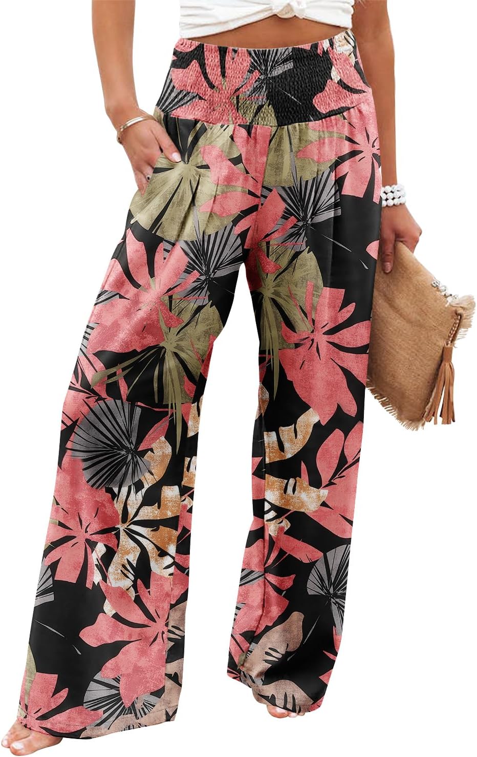 Womens Elastic High Waisted Palazzo Pants Casual Wide Leg Long Lounge Pant Trousers with Pocket