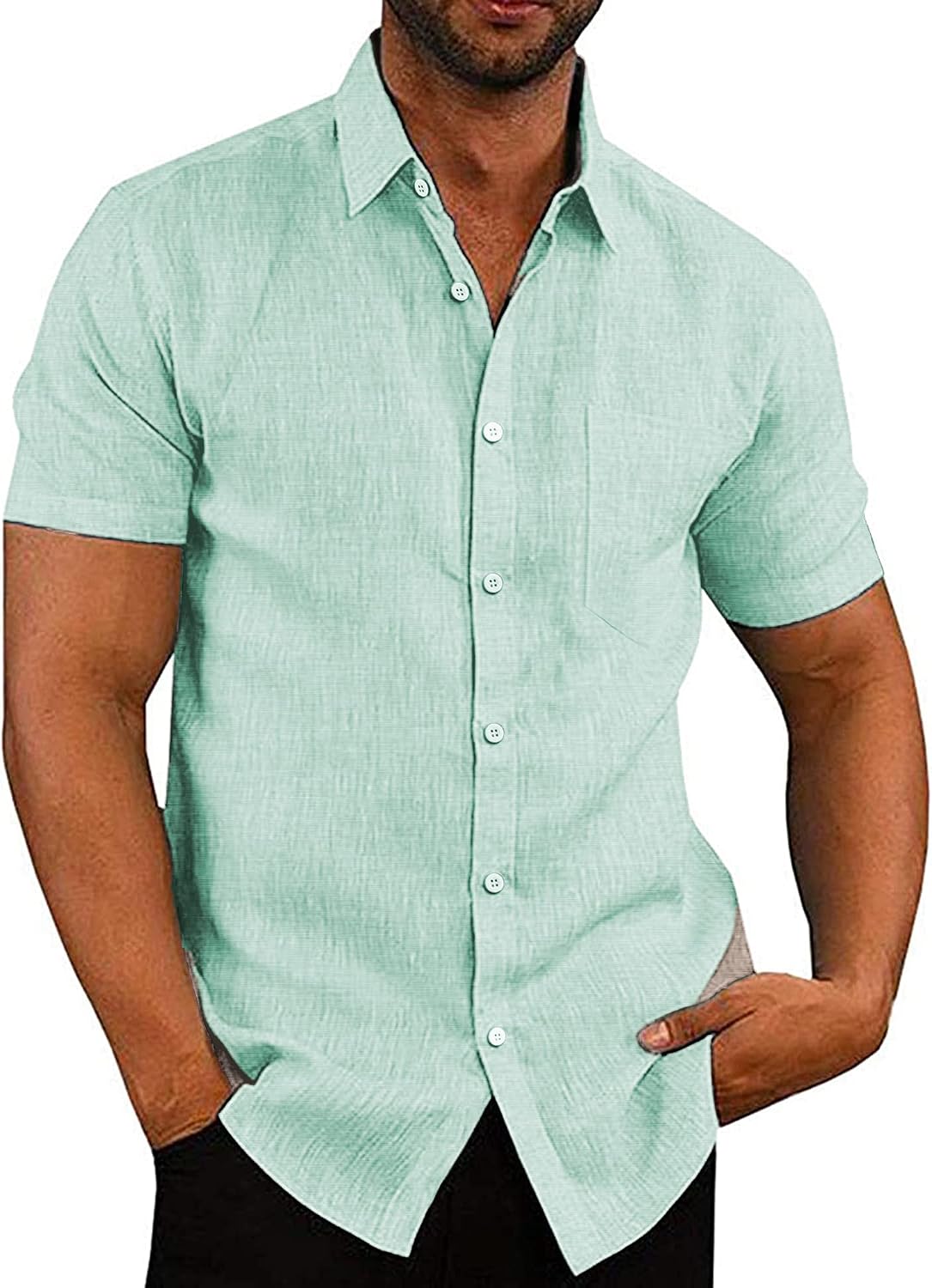 Men's Casual Button Down Shirts Short Sleeve Linen Shirts Summer Beach Dress Shirt