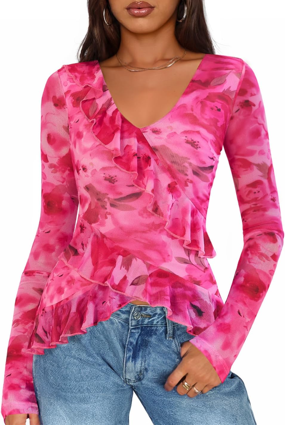 Women's Long Sleeve Floral Shirts V Neck Going Out Ruffle Tops Blouses 2026 Fall Fashion Clothes Outfits