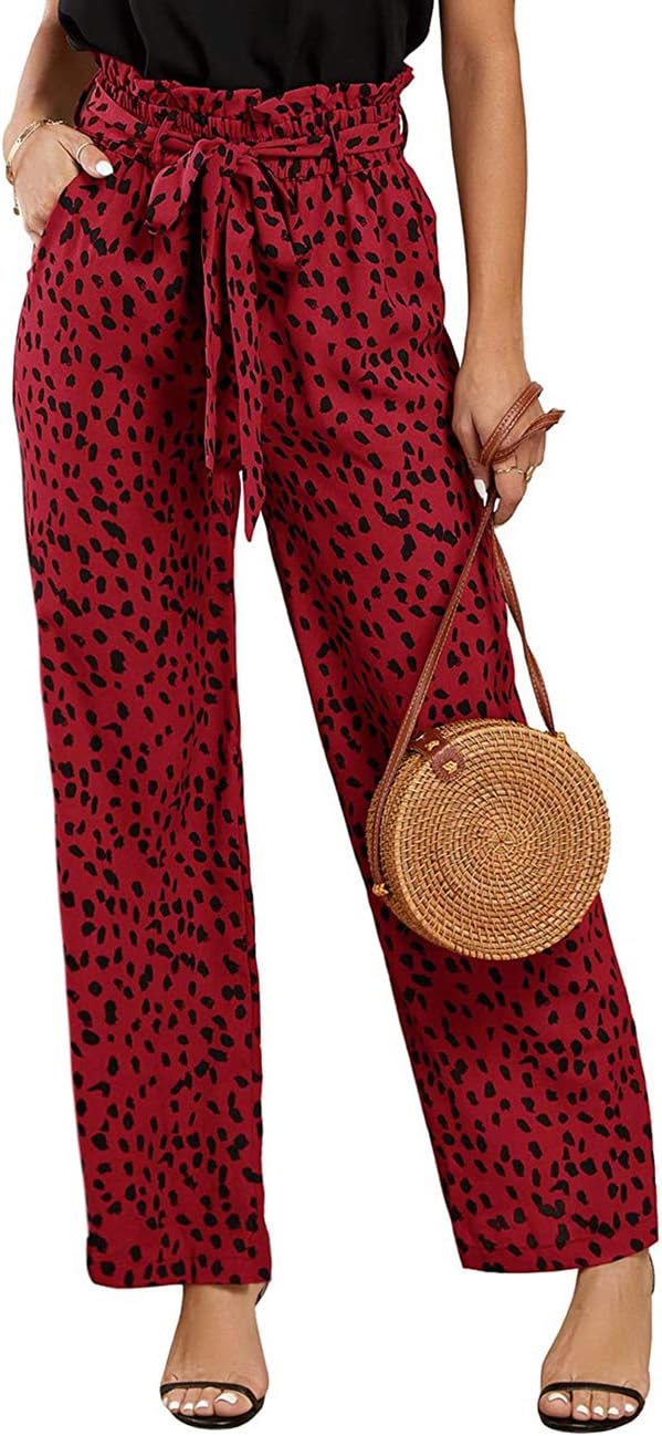 Womens High Waisted Leopard Print Palazzo Pants Belted Wide Leg Long Trousers with Pockets