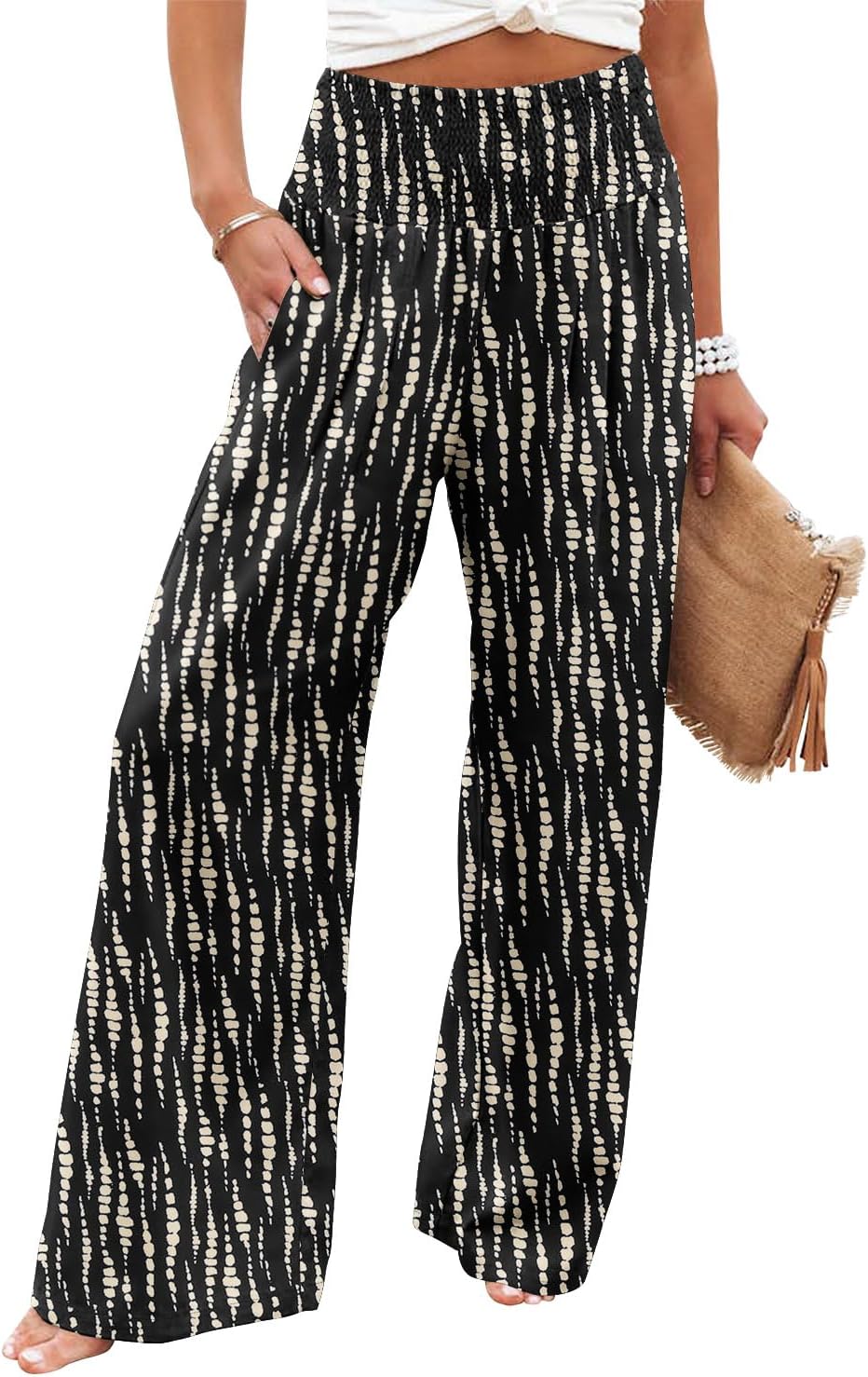 Womens Elastic High Waisted Palazzo Pants Casual Wide Leg Long Lounge Pant Trousers with Pocket