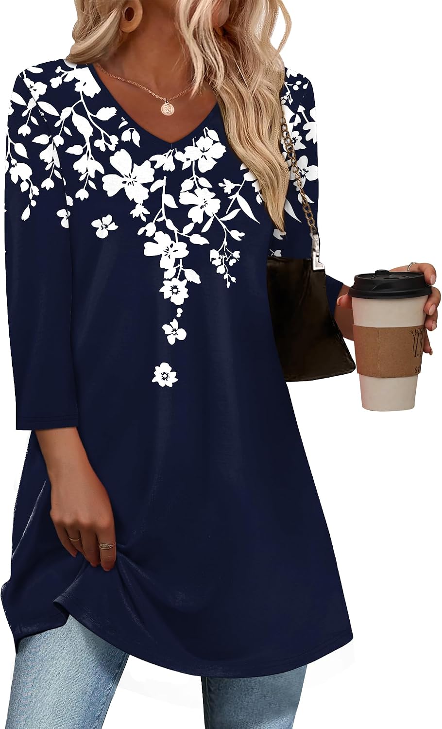3/4 Length Sleeve Womens Tops Dressy Casual Plus Size Tunics to Wear with Leggings