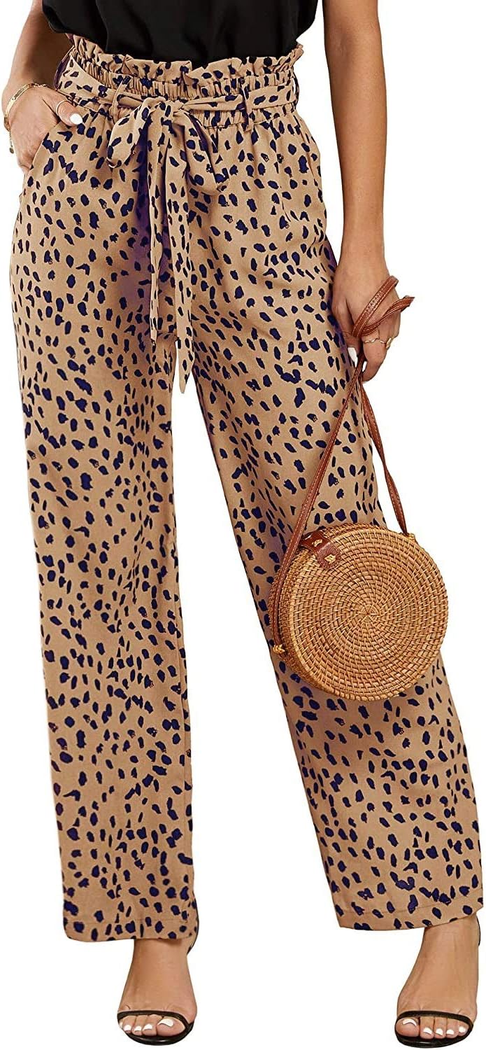 Womens High Waisted Leopard Print Palazzo Pants Belted Wide Leg Long Trousers with Pockets