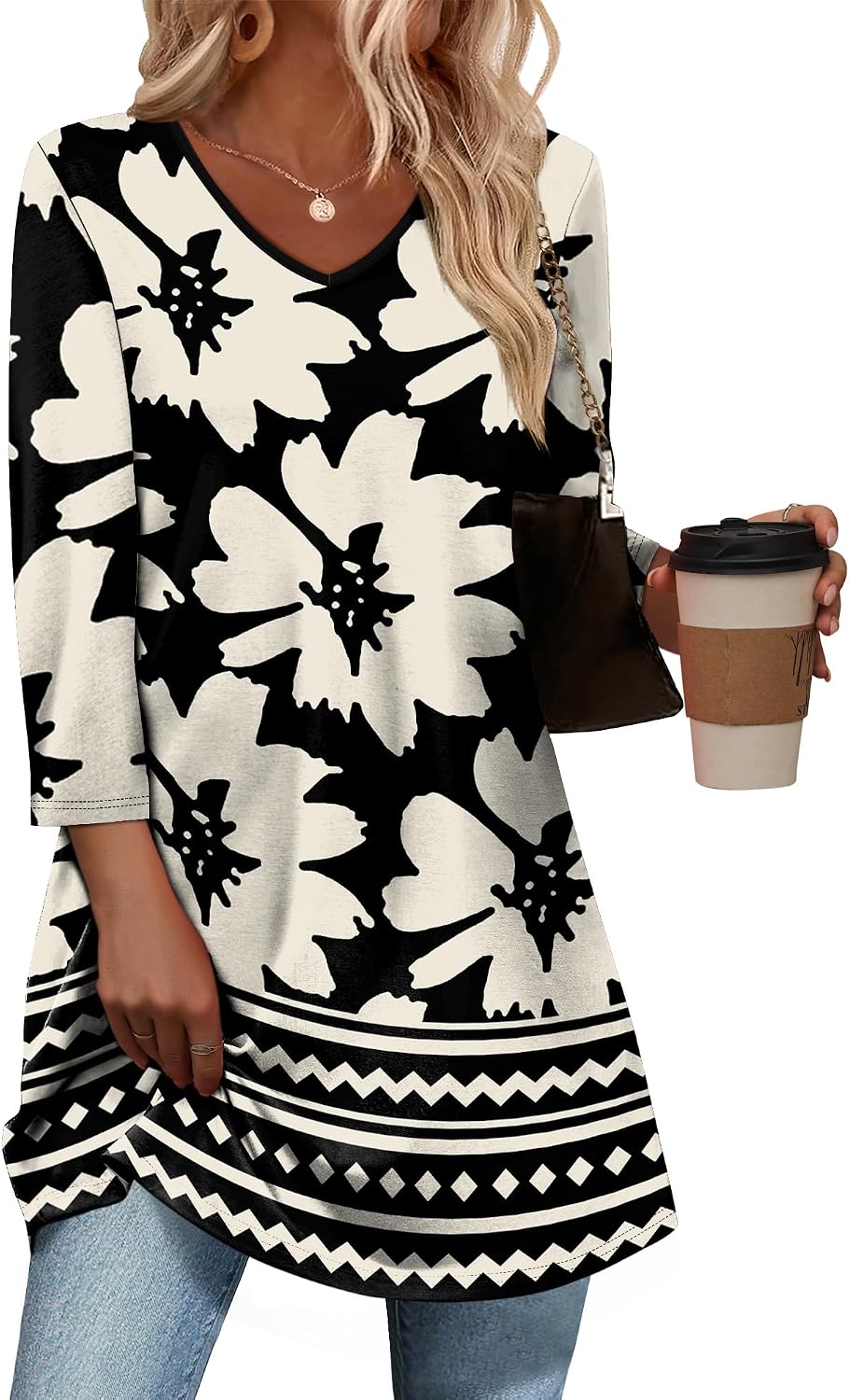 3/4 Length Sleeve Womens Tops Dressy Casual Plus Size Tunics to Wear with Leggings