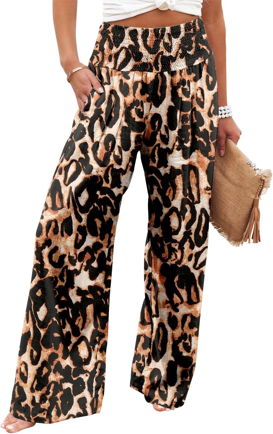 Womens Elastic High Waisted Palazzo Pants Casual Wide Leg Long Lounge Pant Trousers with Pocket