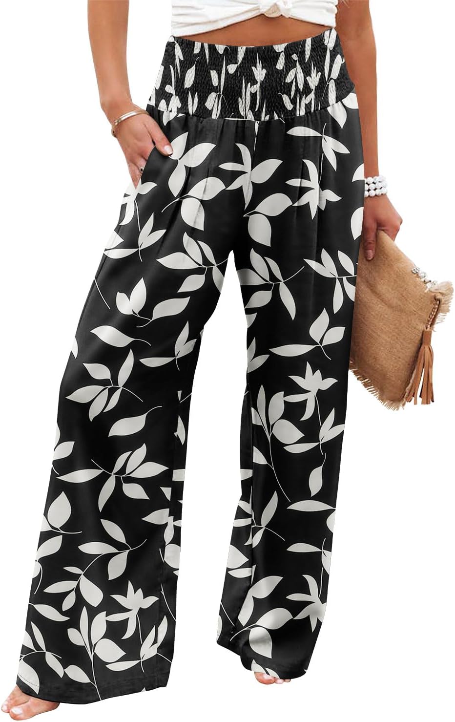 Womens Elastic High Waisted Palazzo Pants Casual Wide Leg Long Lounge Pant Trousers with Pocket