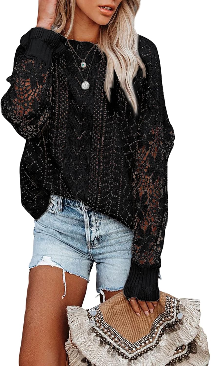 Womens Crewneck Crochet Lace Long Sleeve Hollow Out Cable Knit Sweaters Pullover Tops