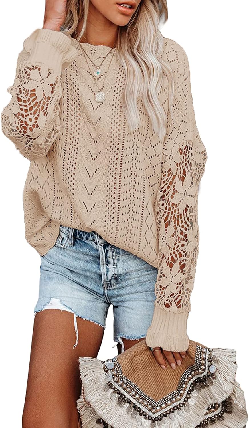 Womens Crewneck Crochet Lace Long Sleeve Hollow Out Cable Knit Sweaters Pullover Tops