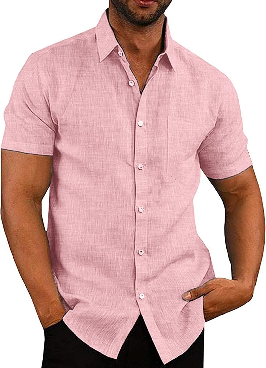 Men's Casual Button Down Shirts Short Sleeve Linen Shirts Summer Beach Dress Shirt
