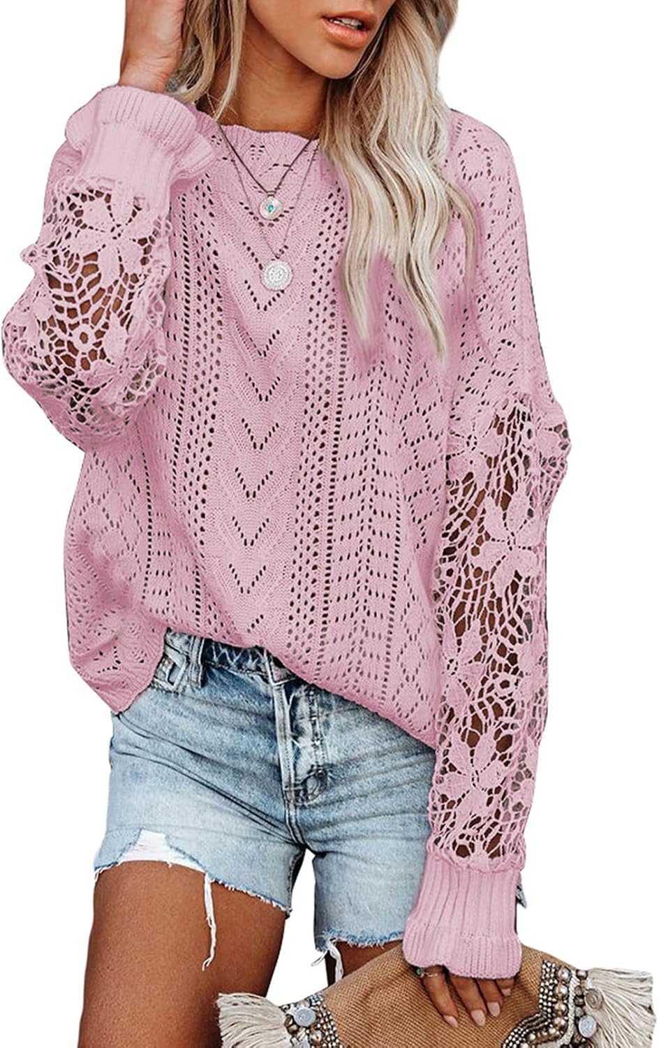 Womens Crewneck Crochet Lace Long Sleeve Hollow Out Cable Knit Sweaters Pullover Tops