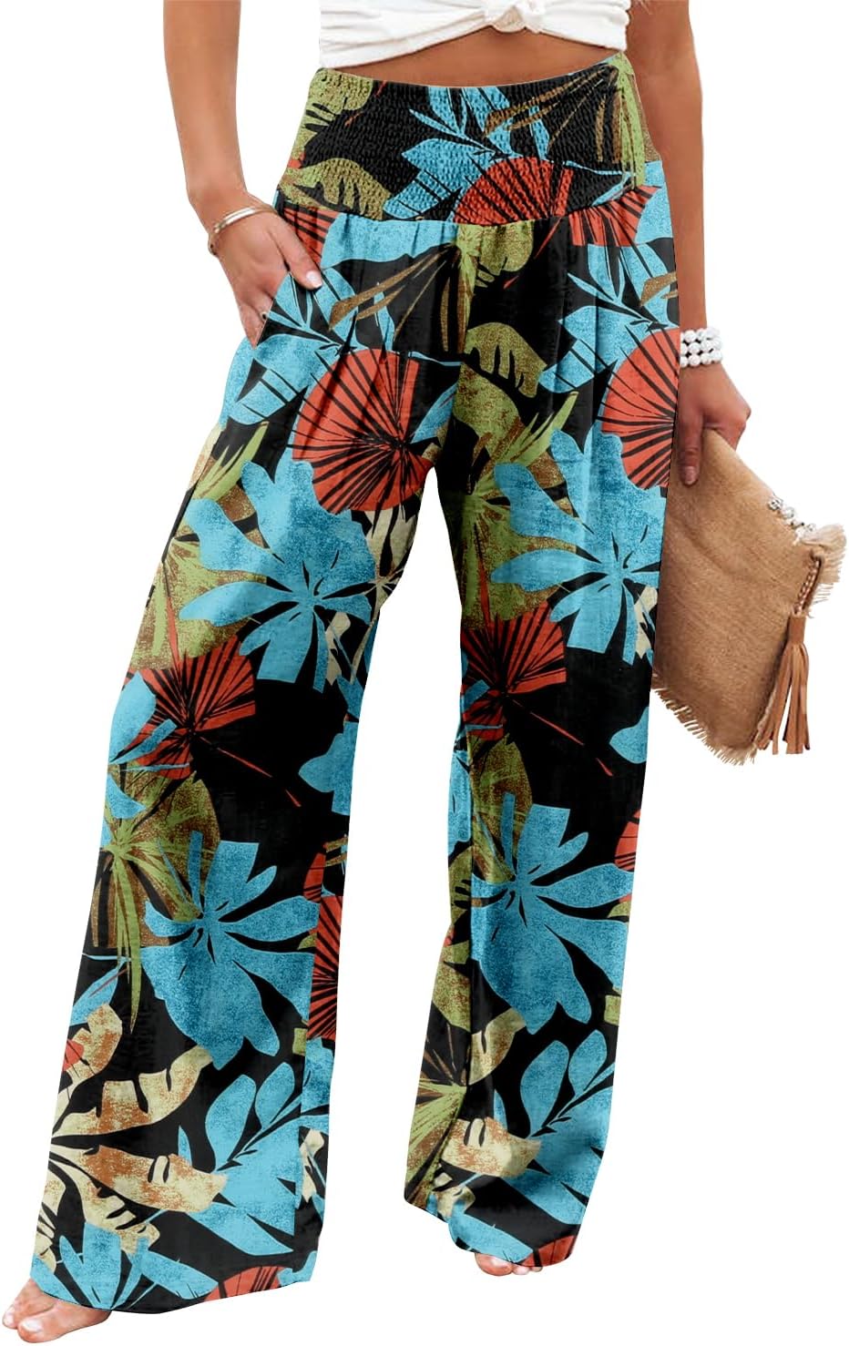 Womens Elastic High Waisted Palazzo Pants Casual Wide Leg Long Lounge Pant Trousers with Pocket