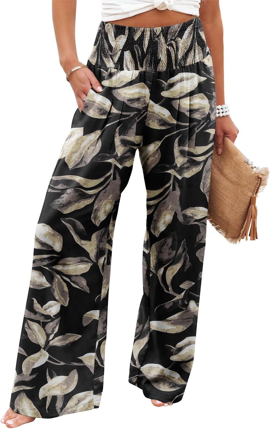 Womens Elastic High Waisted Palazzo Pants Casual Wide Leg Long Lounge Pant Trousers with Pocket