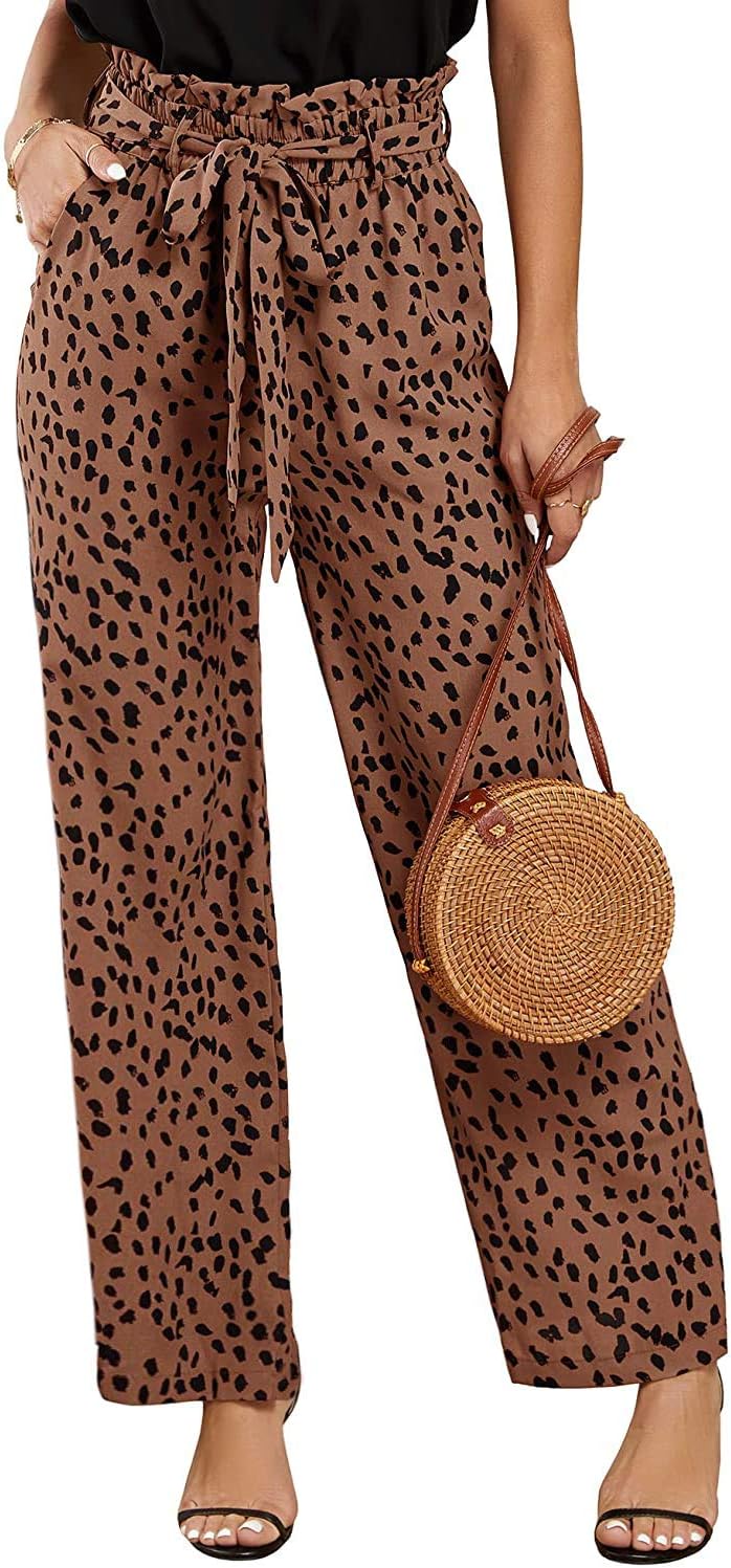 Womens High Waisted Leopard Print Palazzo Pants Belted Wide Leg Long Trousers with Pockets