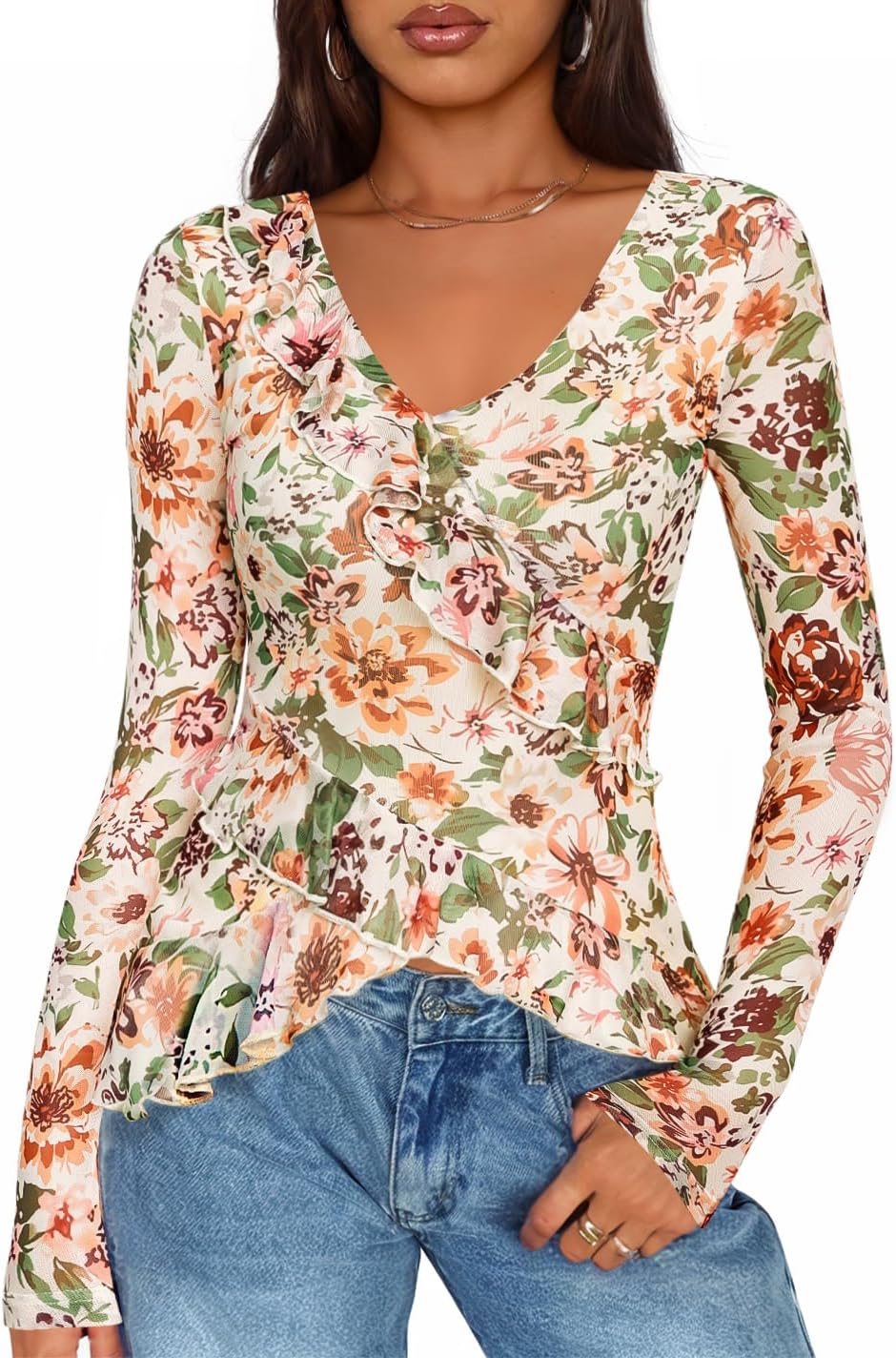 Women's Long Sleeve Floral Shirts V Neck Going Out Ruffle Tops Blouses 2026 Fall Fashion Clothes Outfits