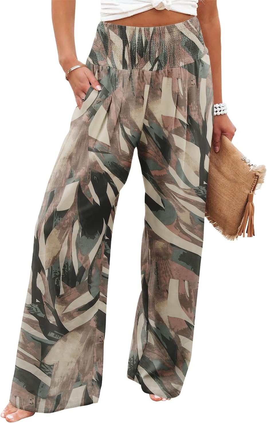 Womens Elastic High Waisted Palazzo Pants Casual Wide Leg Long Lounge Pant Trousers with Pocket