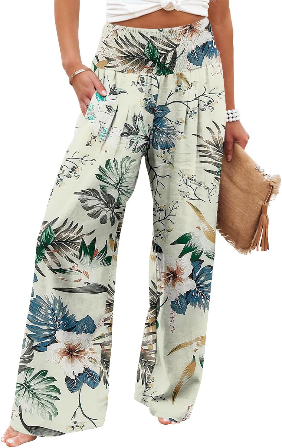 Womens Elastic High Waisted Palazzo Pants Casual Wide Leg Long Lounge Pant Trousers with Pocket