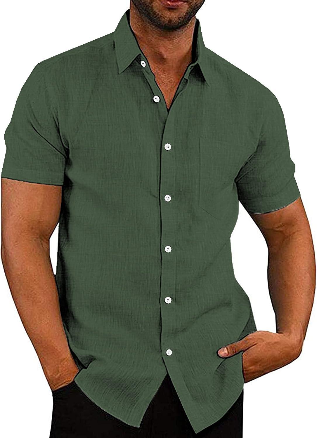 Men's Casual Button Down Shirts Short Sleeve Linen Shirts Summer Beach Dress Shirt
