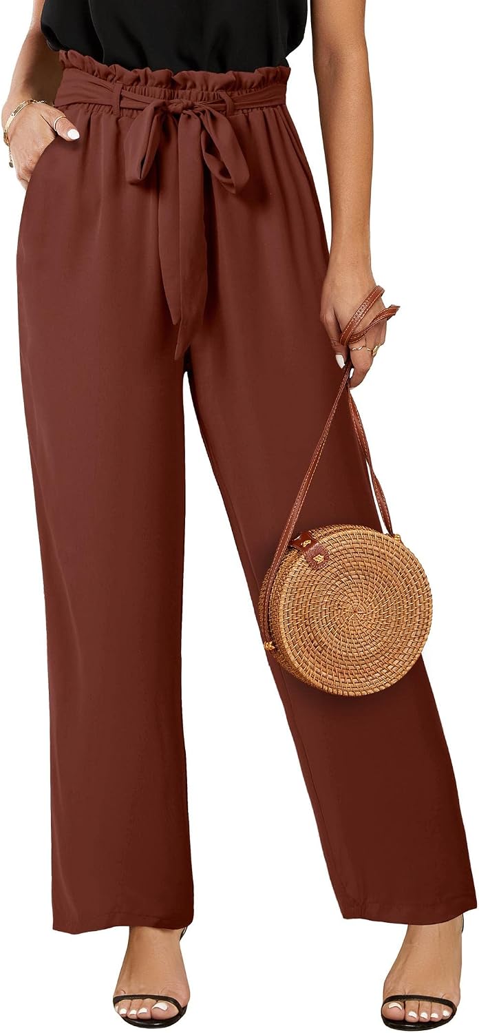 Womens High Waisted Leopard Print Palazzo Pants Belted Wide Leg Long Trousers with Pockets