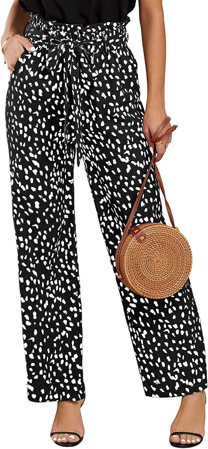 Womens High Waisted Leopard Print Palazzo Pants Belted Wide Leg Long Trousers with Pockets