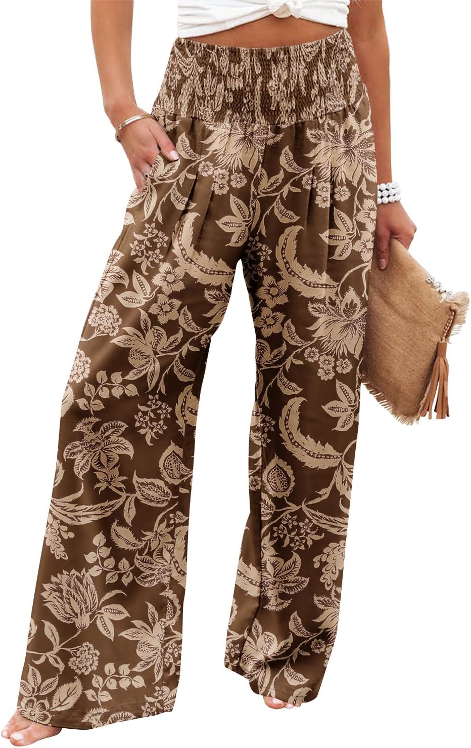Womens Elastic High Waisted Palazzo Pants Casual Wide Leg Long Lounge Pant Trousers with Pocket