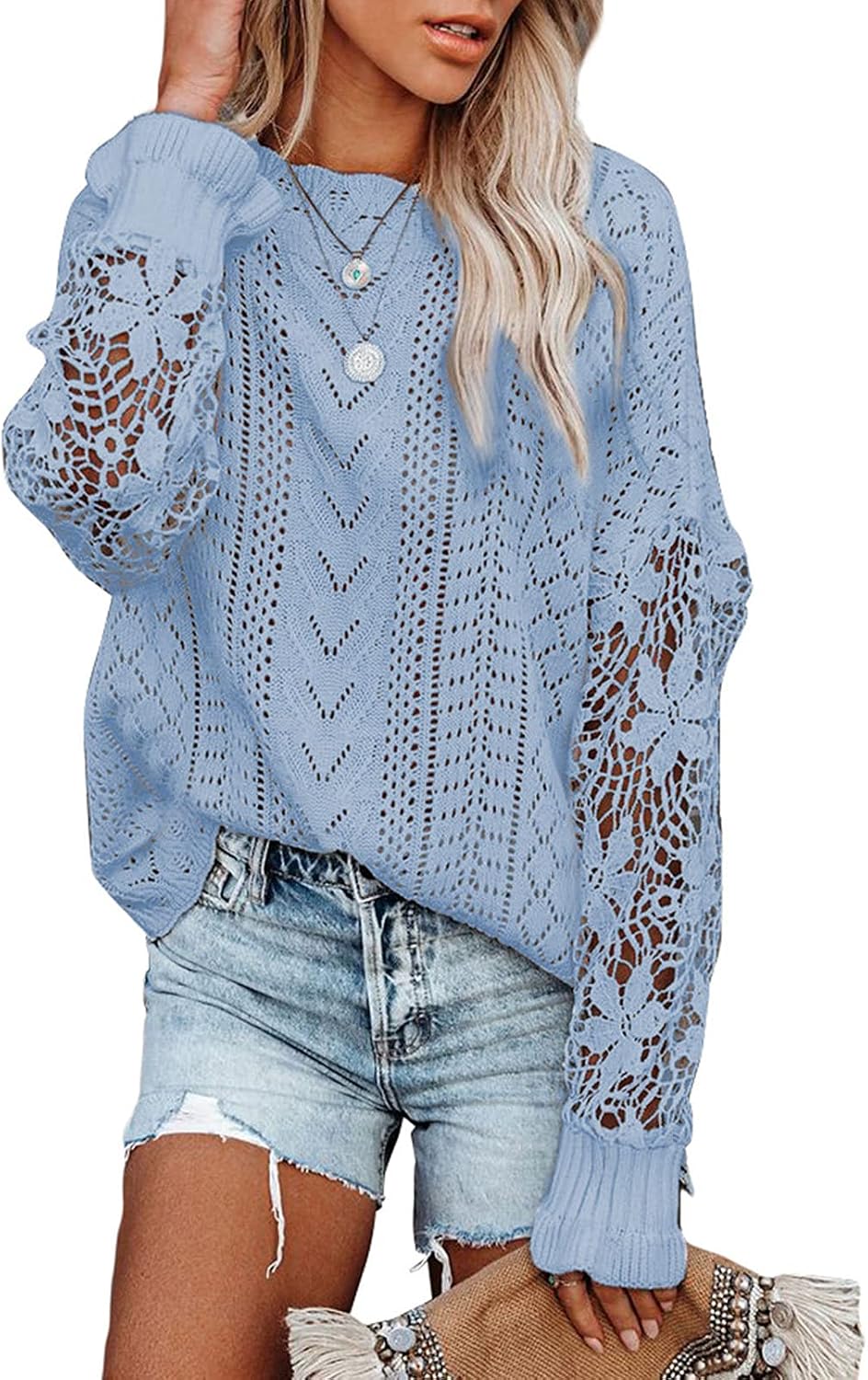 Womens Crewneck Crochet Lace Long Sleeve Hollow Out Cable Knit Sweaters Pullover Tops