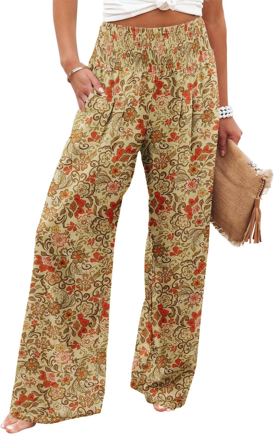 Womens Elastic High Waisted Palazzo Pants Casual Wide Leg Long Lounge Pant Trousers with Pocket