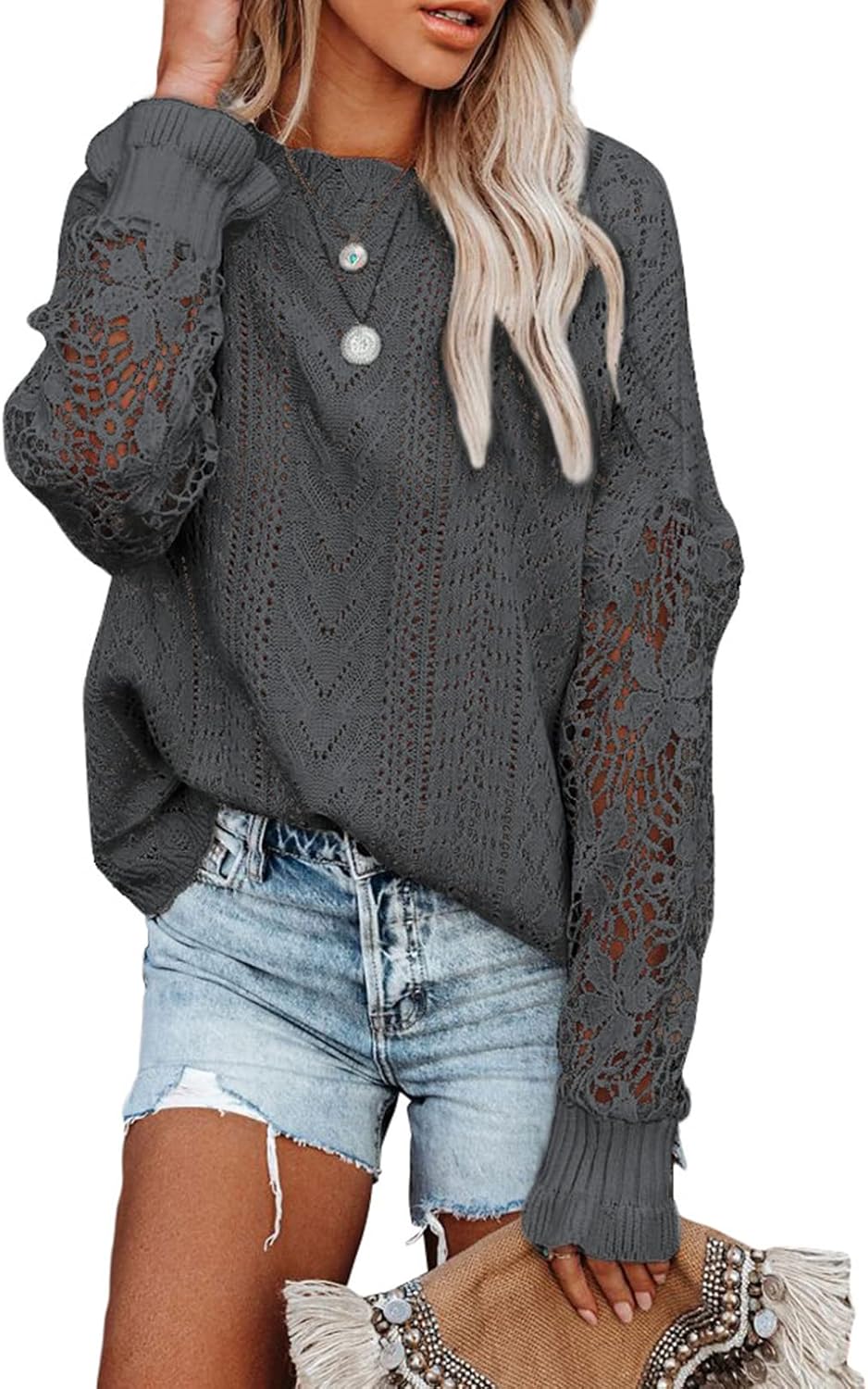 Womens Crewneck Crochet Lace Long Sleeve Hollow Out Cable Knit Sweaters Pullover Tops