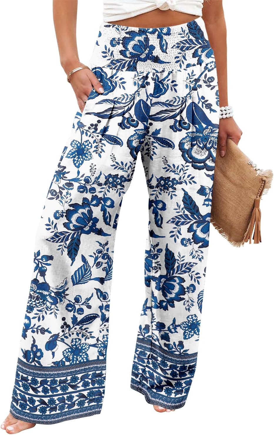 Womens Elastic High Waisted Palazzo Pants Casual Wide Leg Long Lounge Pant Trousers with Pocket