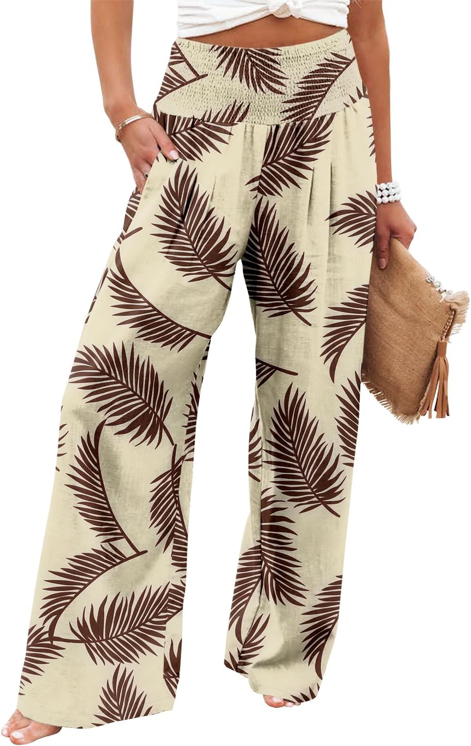 Womens Elastic High Waisted Palazzo Pants Casual Wide Leg Long Lounge Pant Trousers with Pocket