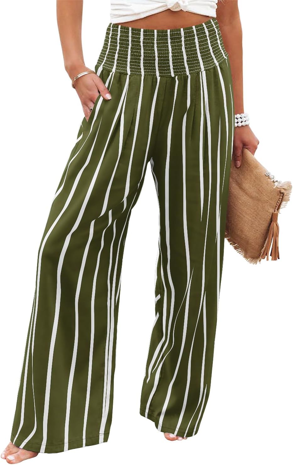 Womens Elastic High Waisted Palazzo Pants Casual Wide Leg Long Lounge Pant Trousers with Pocket