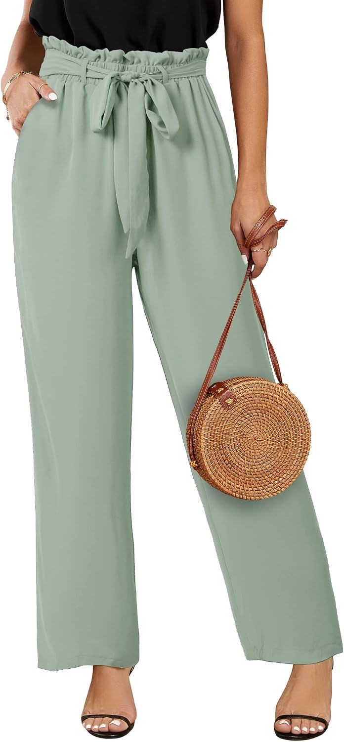 Womens High Waisted Leopard Print Palazzo Pants Belted Wide Leg Long Trousers with Pockets