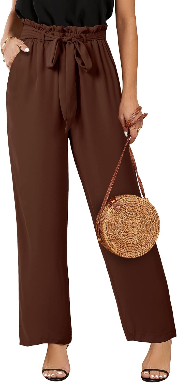 Womens High Waisted Leopard Print Palazzo Pants Belted Wide Leg Long Trousers with Pockets