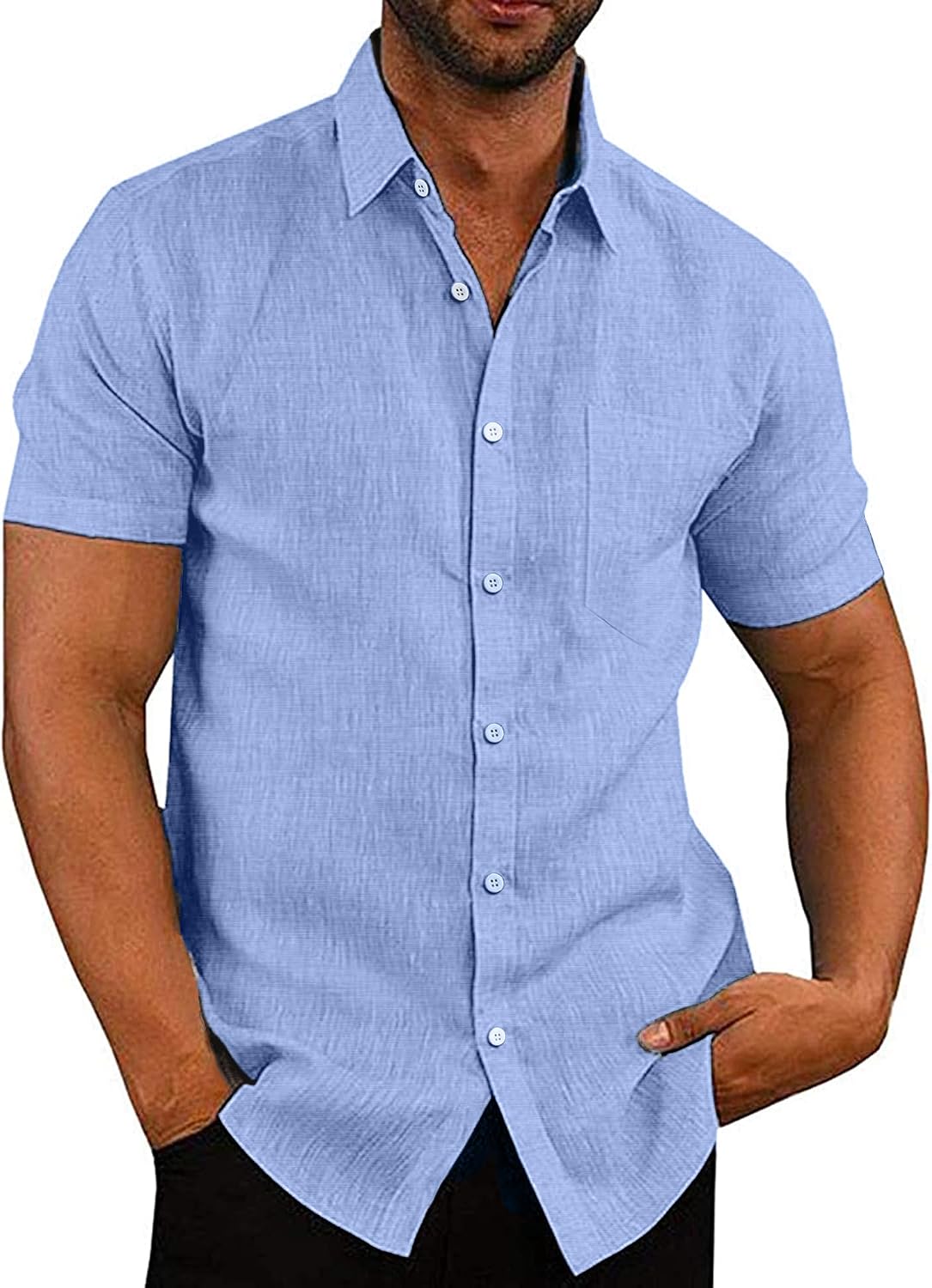 Men's Casual Button Down Shirts Short Sleeve Linen Shirts Summer Beach Dress Shirt