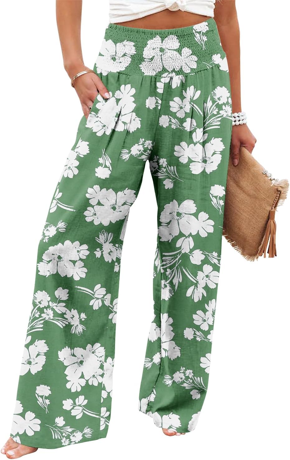 Womens Elastic High Waisted Palazzo Pants Casual Wide Leg Long Lounge Pant Trousers with Pocket