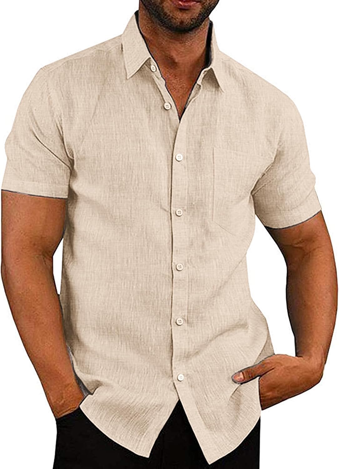 Men's Casual Button Down Shirts Short Sleeve Linen Shirts Summer Beach Dress Shirt