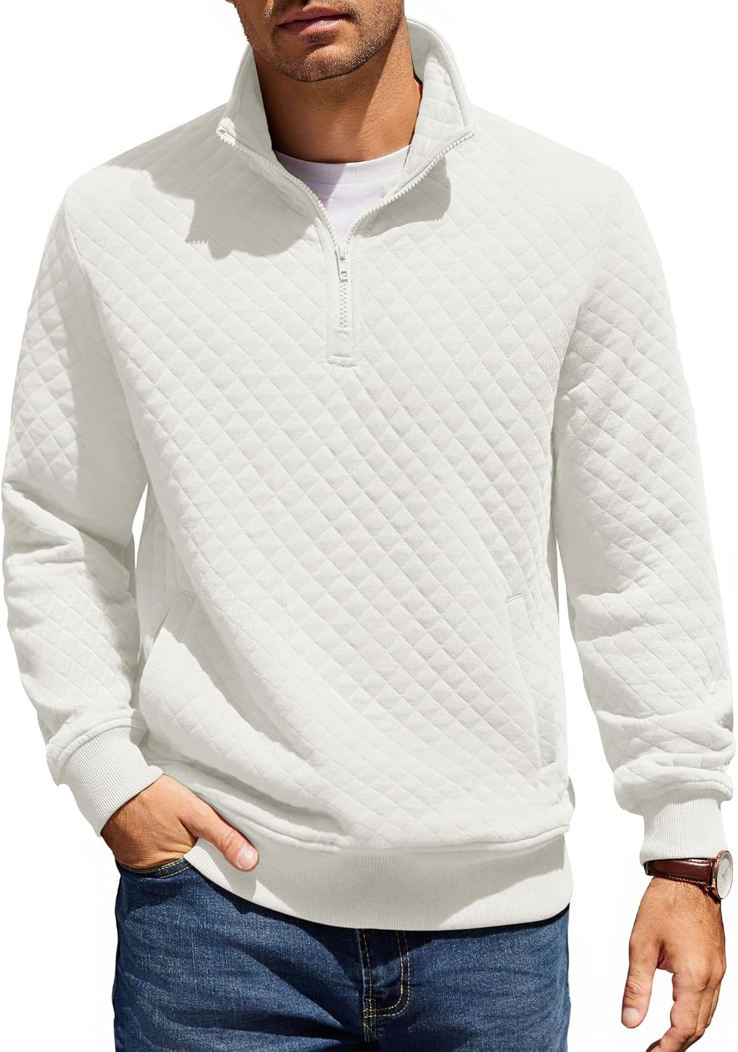 Mens Quarter Zip Pullover Quilted Sweatshirt Knit Long Sleeve Mock Neck Sweater Polo with Pocket