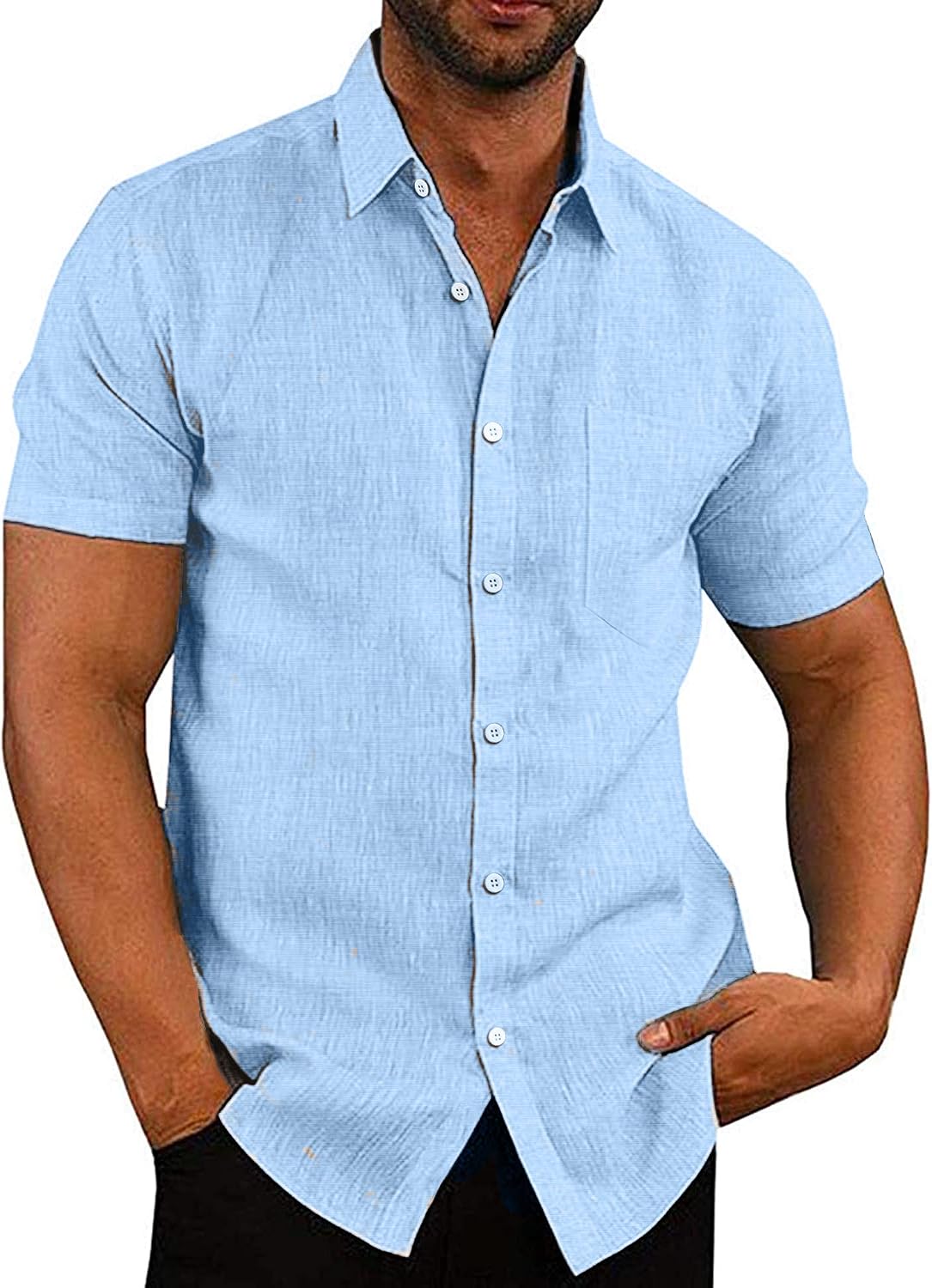 Men's Casual Button Down Shirts Short Sleeve Linen Shirts Summer Beach Dress Shirt