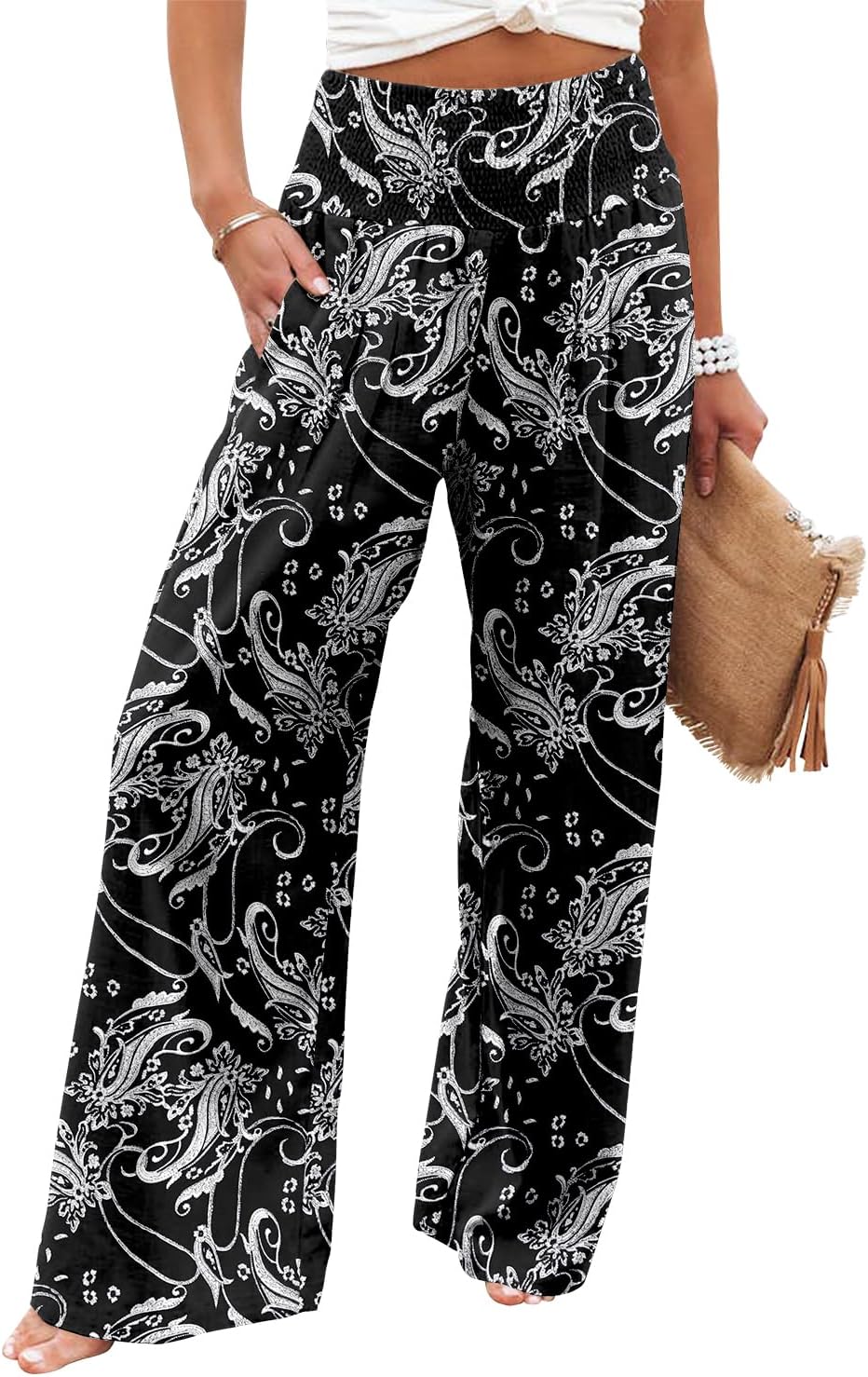 Womens Elastic High Waisted Palazzo Pants Casual Wide Leg Long Lounge Pant Trousers with Pocket