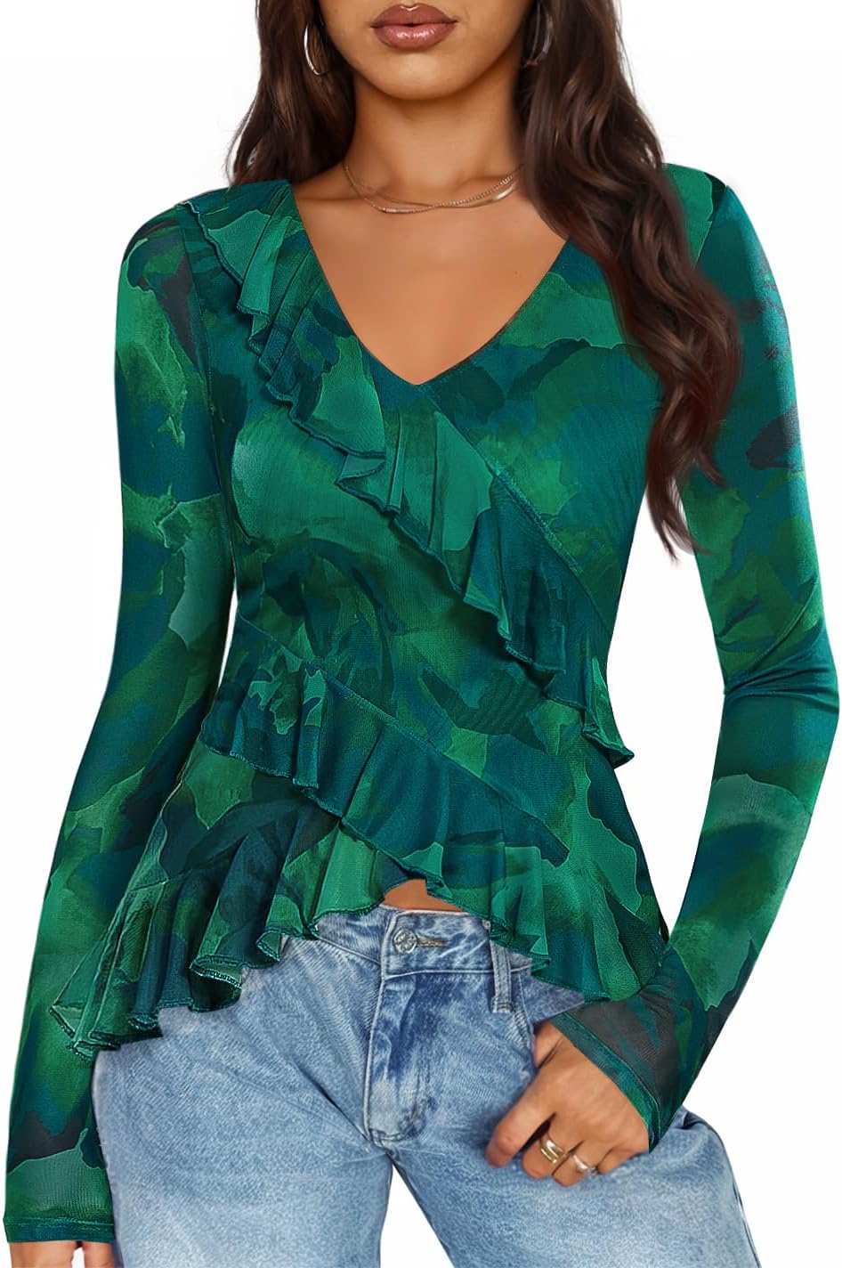 Women's Long Sleeve Floral Shirts V Neck Going Out Ruffle Tops Blouses 2026 Fall Fashion Clothes Outfits