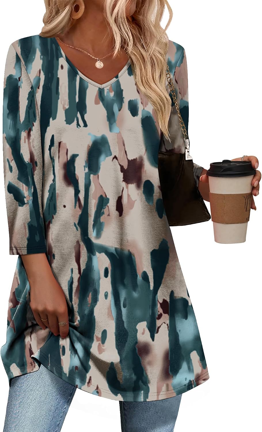 3/4 Length Sleeve Womens Tops Dressy Casual Plus Size Tunics to Wear with Leggings