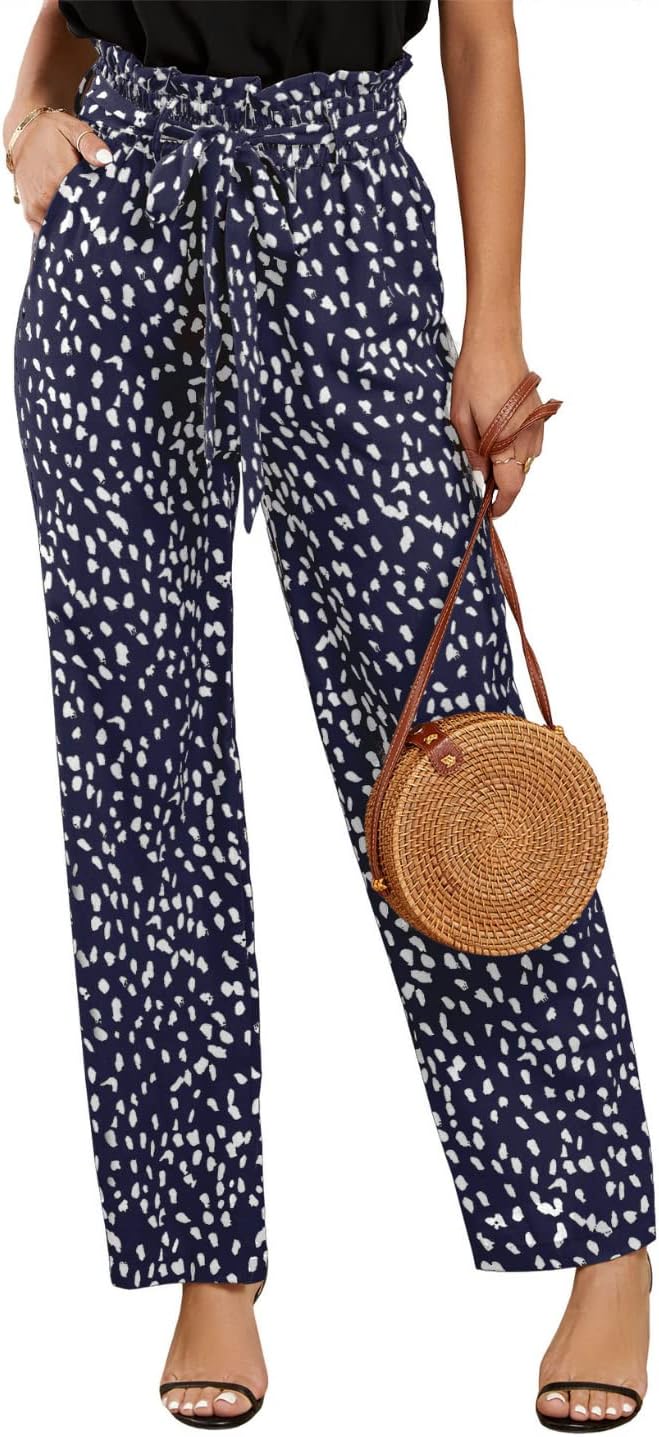 Womens High Waisted Leopard Print Palazzo Pants Belted Wide Leg Long Trousers with Pockets