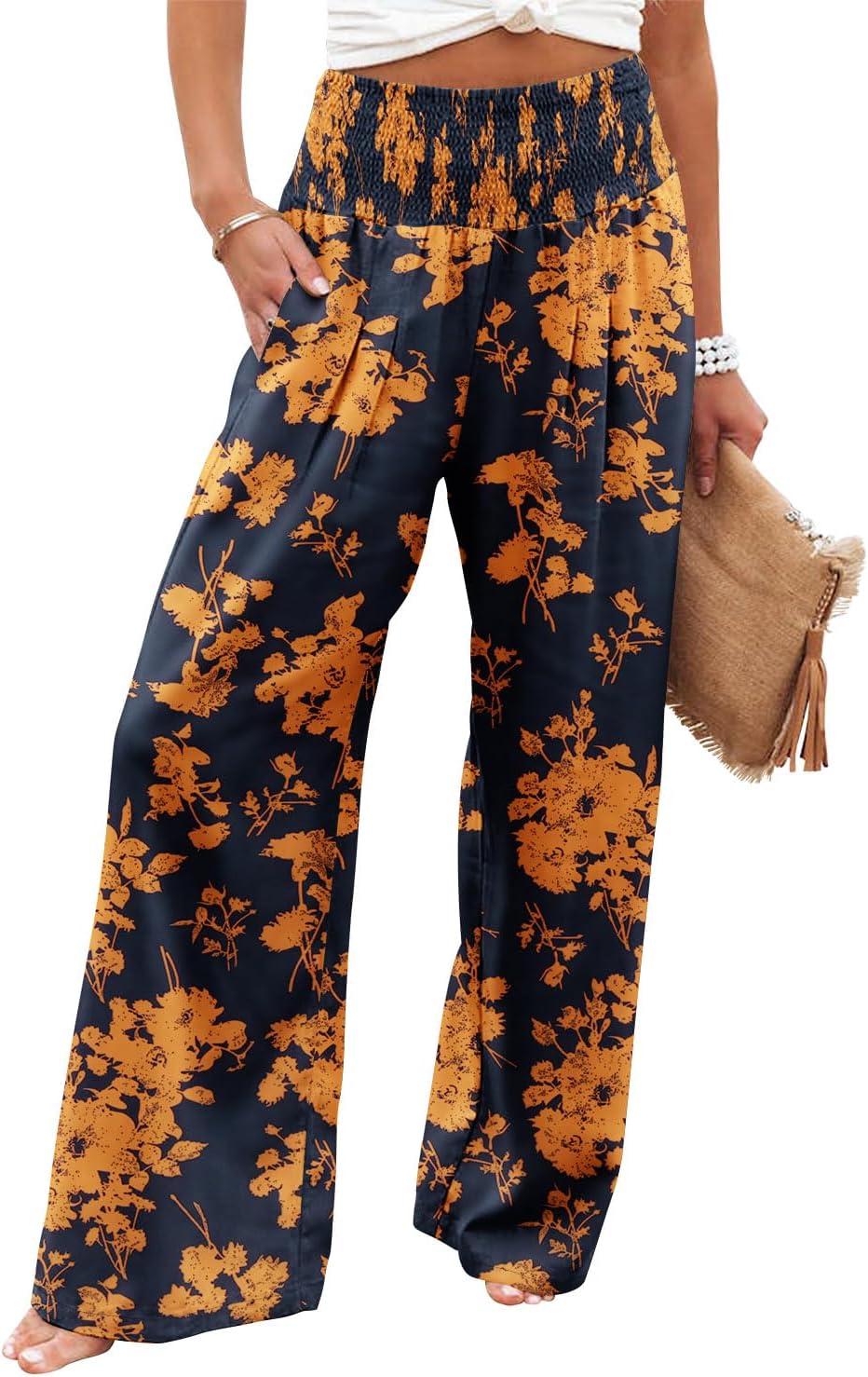 Womens Elastic High Waisted Palazzo Pants Casual Wide Leg Long Lounge Pant Trousers with Pocket