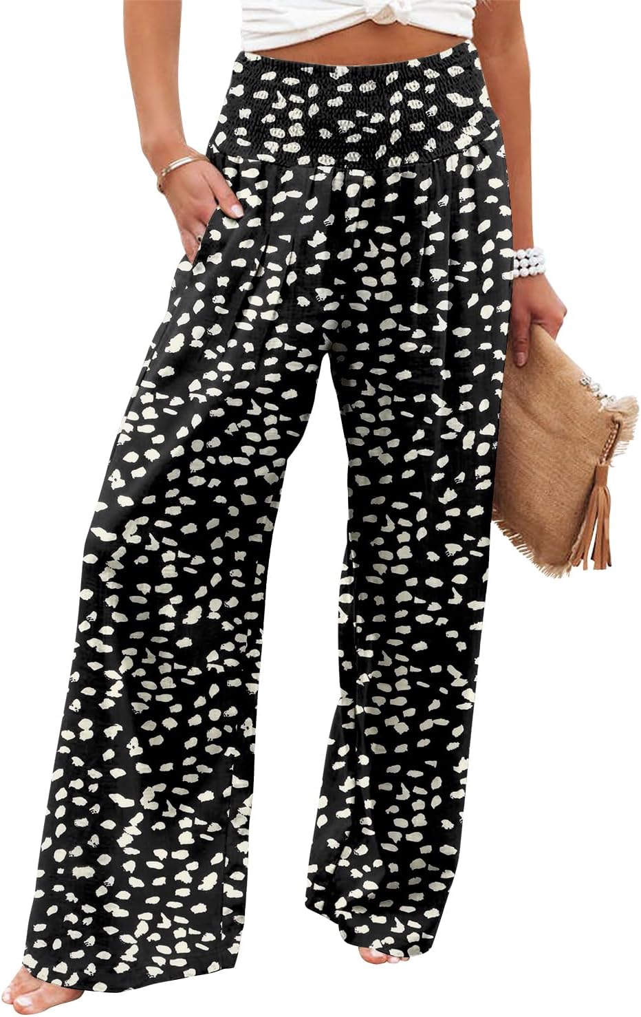 Womens Elastic High Waisted Palazzo Pants Casual Wide Leg Long Lounge Pant Trousers with Pocket