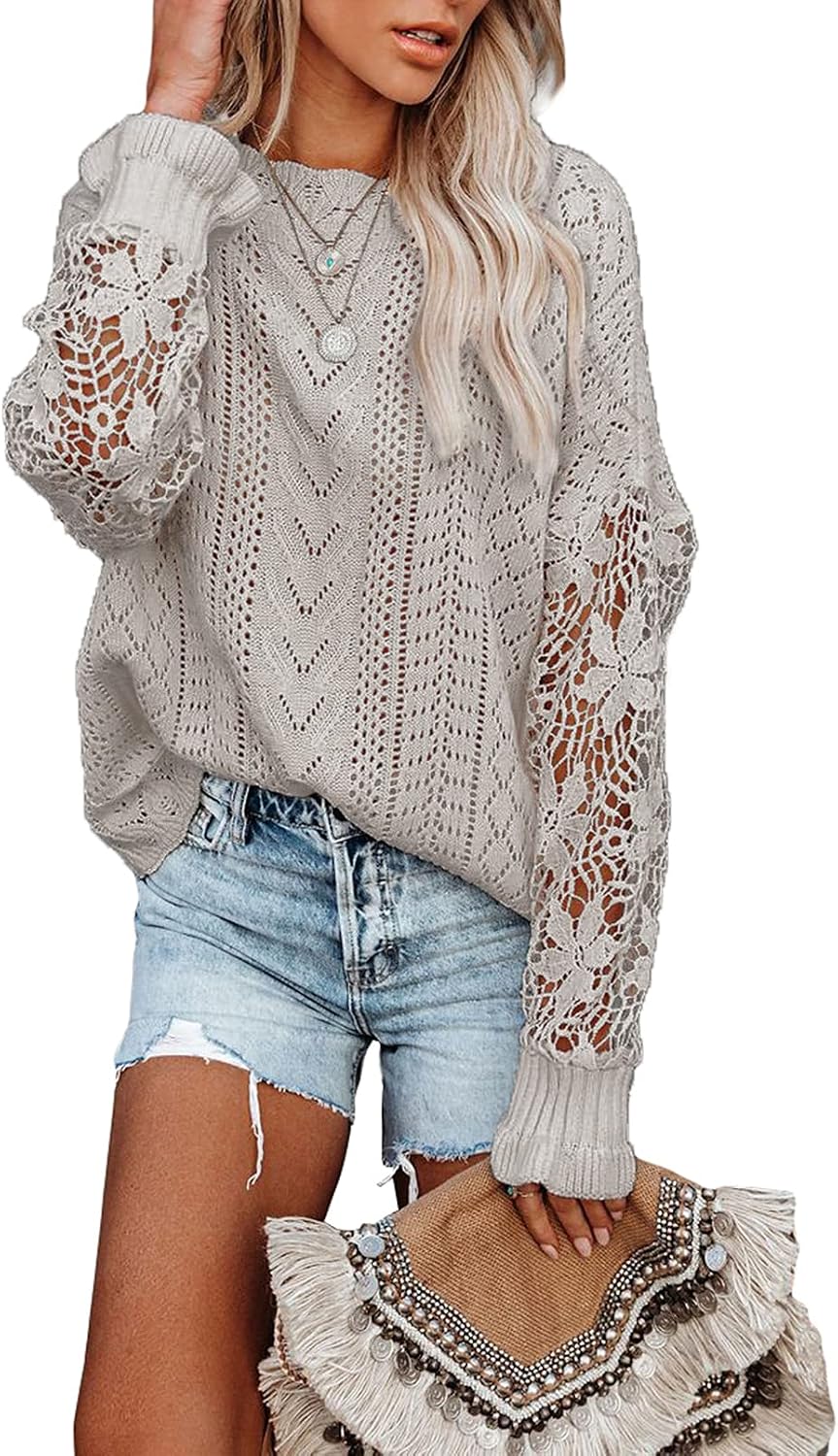 Womens Crewneck Crochet Lace Long Sleeve Hollow Out Cable Knit Sweaters Pullover Tops