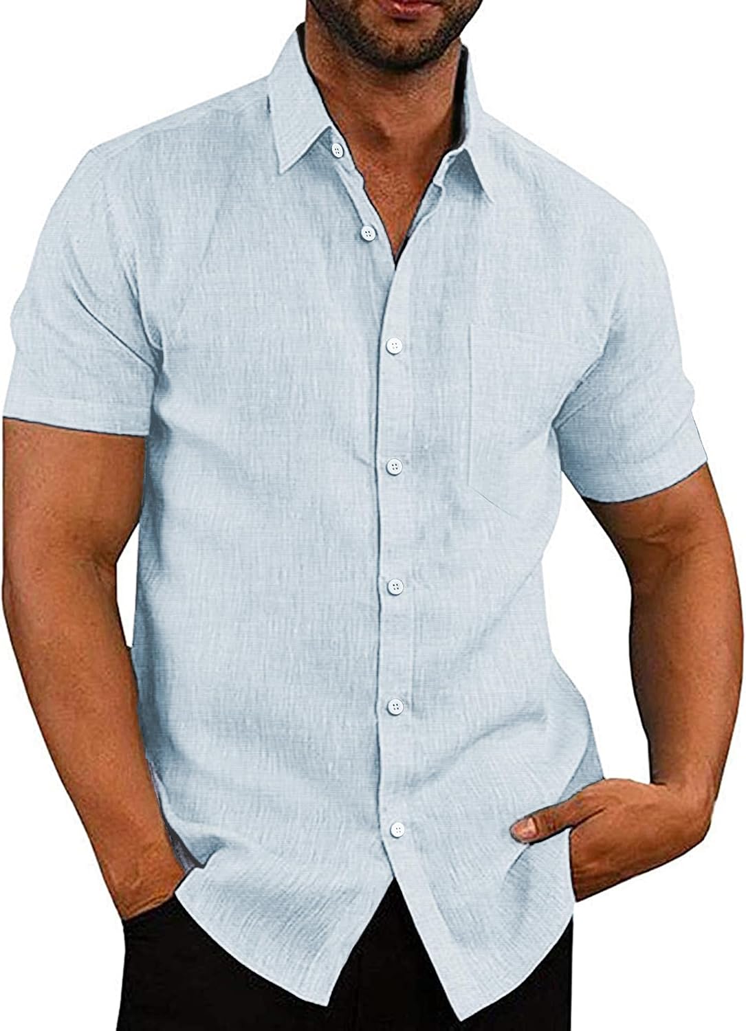 Men's Casual Button Down Shirts Short Sleeve Linen Shirts Summer Beach Dress Shirt