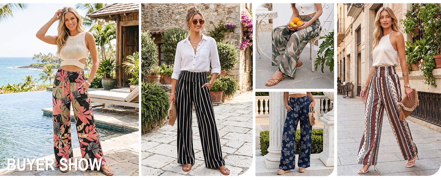 Women Casual Wide Leg Palazzo Lounge Pants Pockets Smocked High Waist Trousers